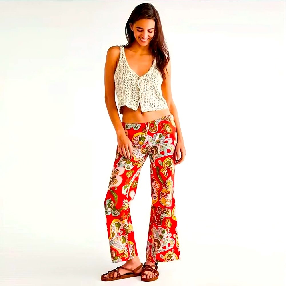NEW Free People Retro Flare Printed Boho Pants, Size 4